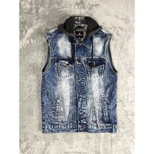 Southpole Hooded Denim Vest Mens Small Hip Hop Grunge Sleeveless Button Down